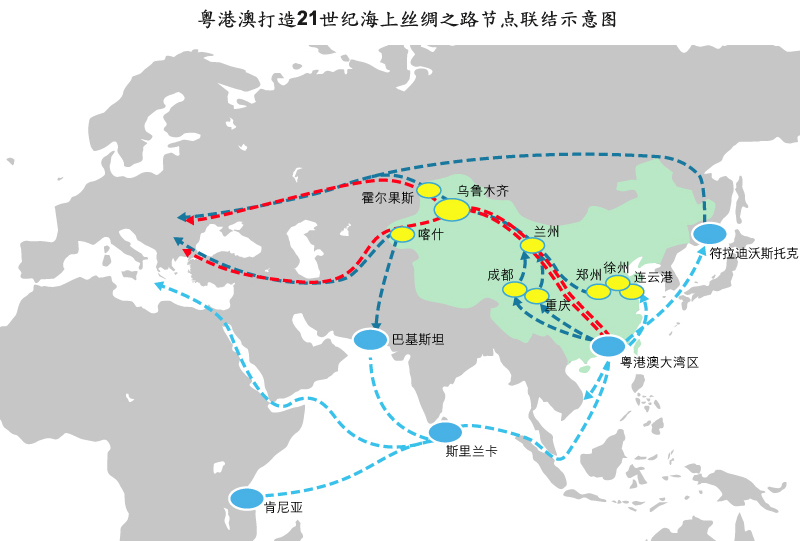 地图: 粤港澳打造21世纪海上丝绸之路节点联结示意图
