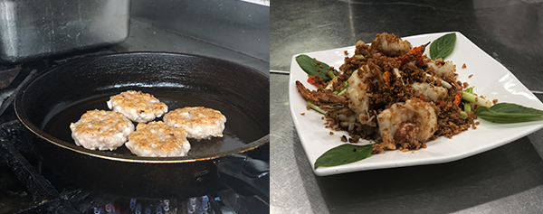 (左图)香煎手打墨鱼饼(右图)避风塘虾球 (左图)香煎手打墨鱼饼(右图)避风塘虾球