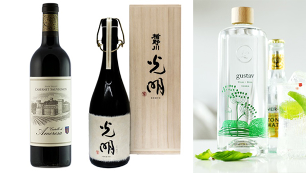 左起：2013 Cabernet Sauvignon Napa Valley、日本楯野川光明清酒、Gustav Dill Vodka