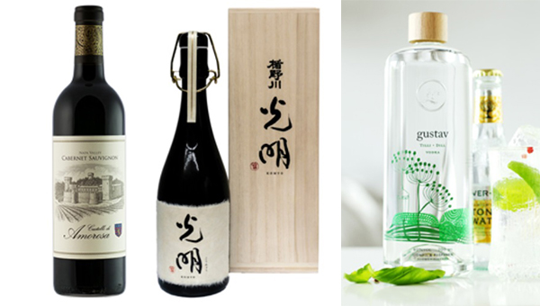 左起:2013 Cabernet Sauvignon Napa Valley、日本楯野川光明清酒、Gustav Dill Vodka 左起:2013 Cabernet Sauvignon Napa Valley、日本楯野川光明清酒、Gustav Dill Vodka