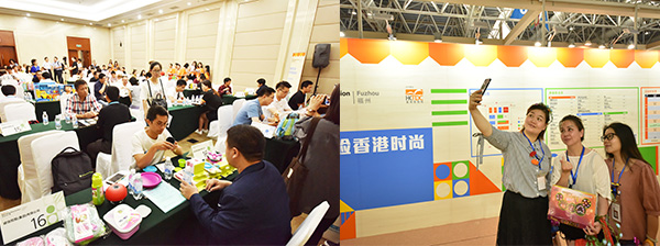 香港貿發局安排了150多場一對一商貿配對會議(左圖) ,有助促進港商與當地企業交流合作。右圖為福州市民在現場留影。 香港貿發局安排了150多場一對一商貿配對會議(左圖) ,有助促進港商與當地企業交流合作。右圖為福州市民在現場留影。
