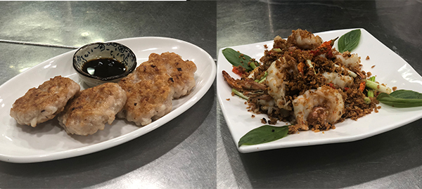 右圖:香煎手打墨魚餅, 左圖:避風塘蝦球 右圖:香煎手打墨魚餅, 左圖:避風塘蝦球