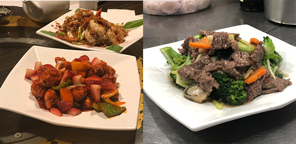 左圖:草莓咕嚕肉, 右圖:西蘭花炒牛肉 左圖:草莓咕嚕肉, 右圖:西蘭花炒牛肉
