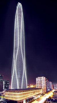 The tower has a hyperboloid winding-glass curtain wall