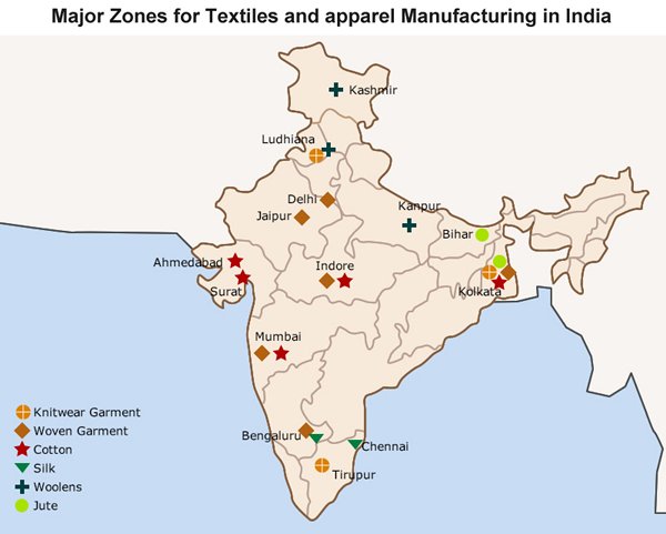 Map: Major Zones for Textiles and apparel Manufacturing in India