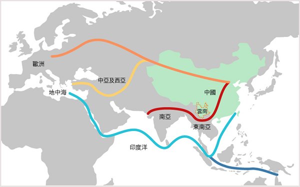 图：云南在丝绸之路经济带的位置