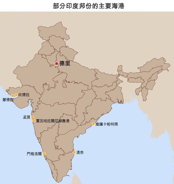 地图: 部分印度邦份的主要海港