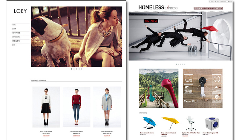 相片: 越来越多品牌商家选用Shopline平台，包括香港时装品牌Loey(左)和香港时尚生活用品品牌Homeless(右)。 