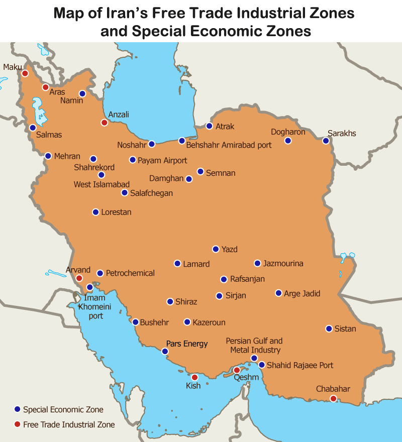 Map: Map of Iran’s Free Trade Industrial Zones and Special Economic Zones