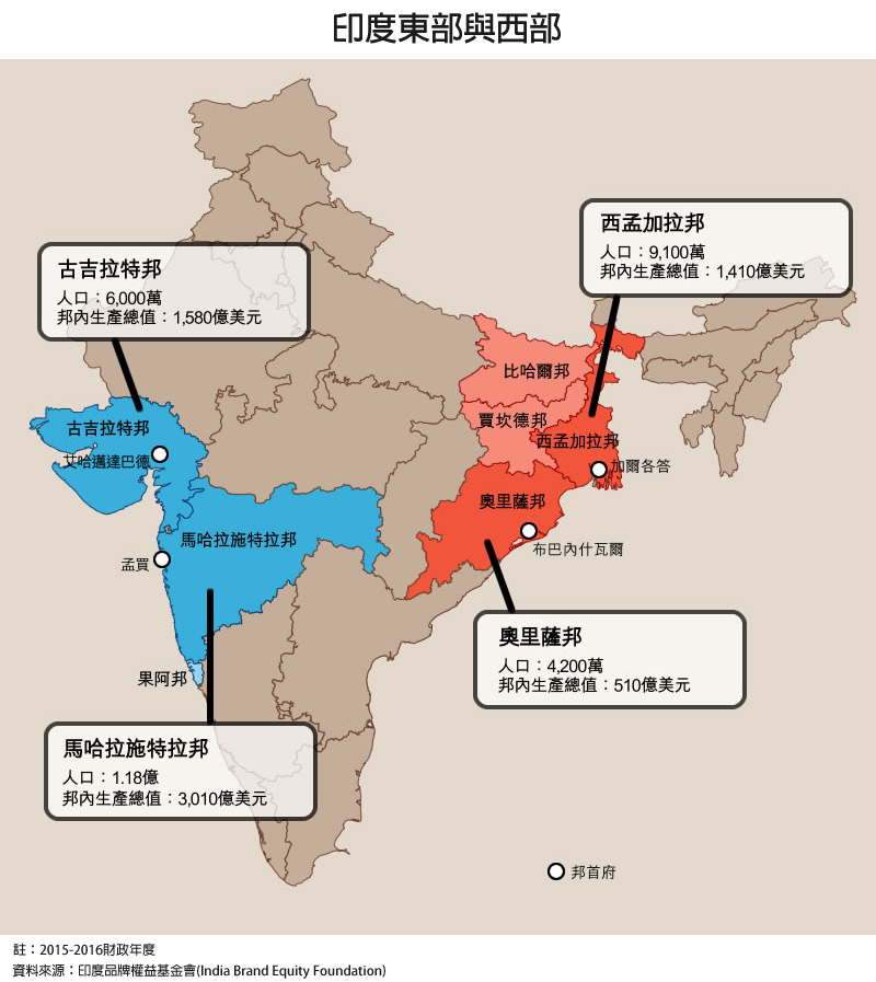 地图: 印度东部与西部