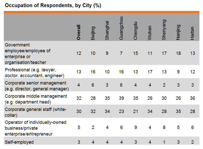 Table: Occupation of Respondents, by City (%) Table: Occupation of Respondents, by City (%)