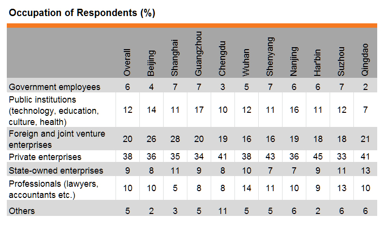 Table: Occupation of Respondents (%)