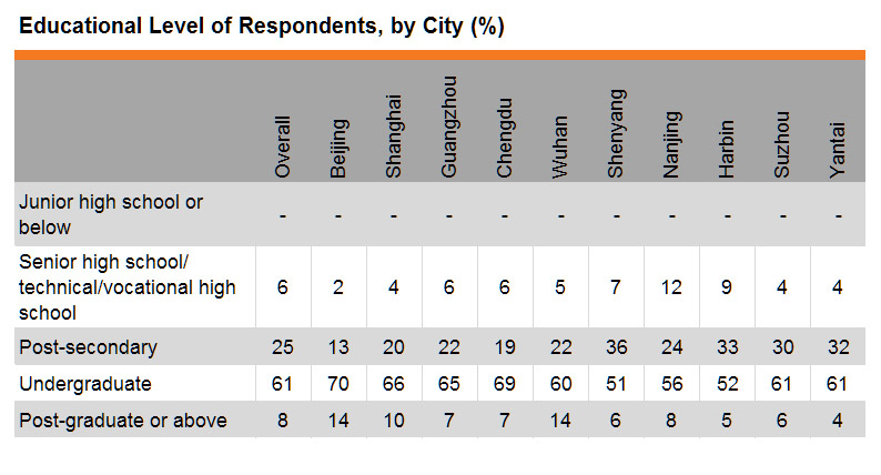 Table: Educational Level of Respondents, by City (%)