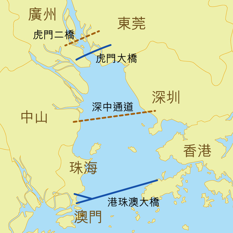 圖：珠江西岸與東岸主要交通幹線。