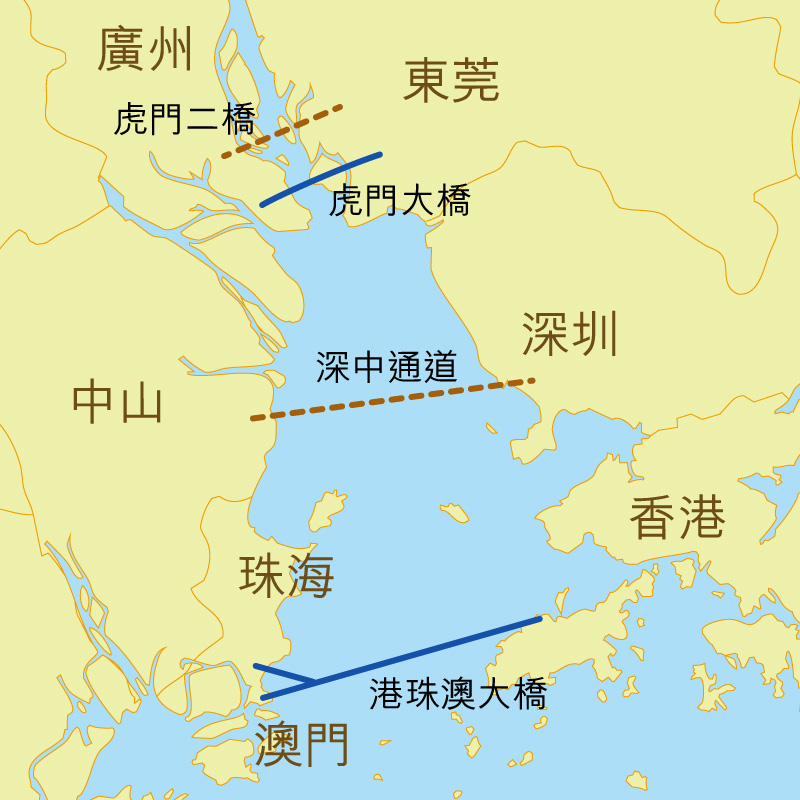 圖:珠江西岸與東岸主要交通幹線。 圖:珠江西岸與東岸主要交通幹線。