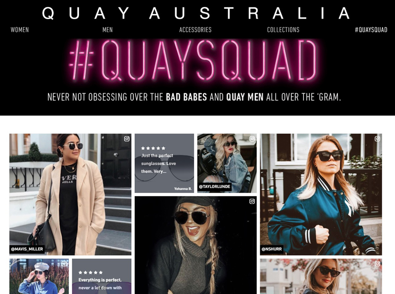 相片: Quay Australia在网上建立了一个名为#QUAYSQUAD的粉丝群，成员很多都是对品牌甚为忠诚的千禧世代顾客。