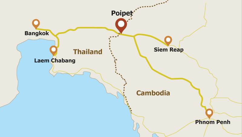 Map: Poipet - a Cambodian town at the border with Thailand. Map: Poipet - a Cambodian town at the border with Thailand.