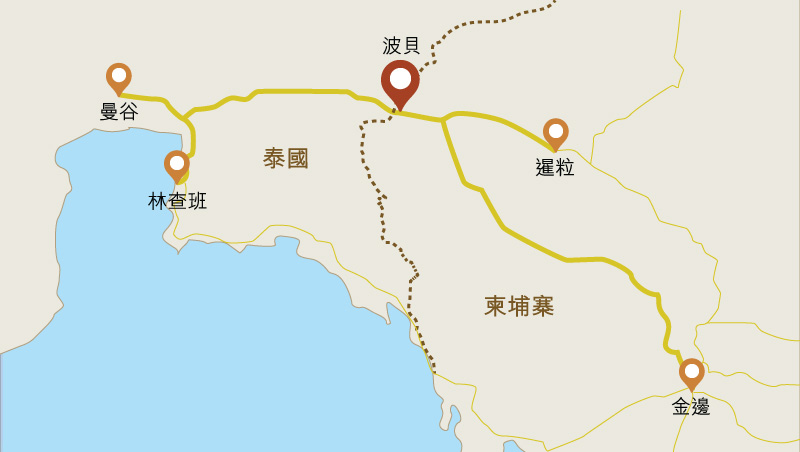 地圖: 柬埔寨城鎮波貝與泰國邊境接壤。 地圖: 柬埔寨城鎮波貝與泰國邊境接壤。
