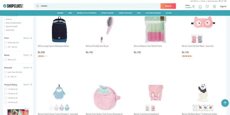 Photo: Miniso products listed on ShopClues. 