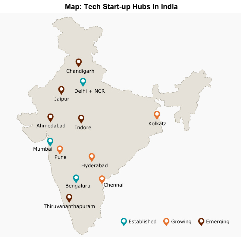 Map: Tech Start-up Hubs in India