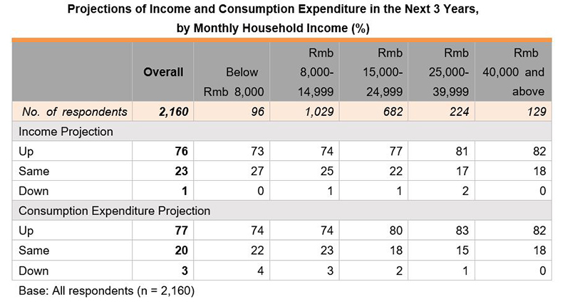 Table: Projections of Income and Consumption Expenditure in the Next 3 Years, by Monthly Household Income (%)